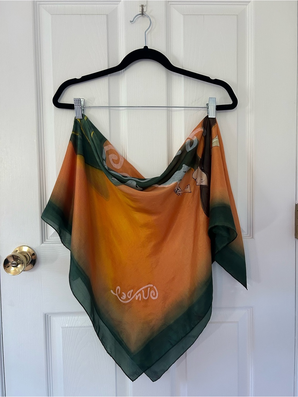 Vintage Style Silk Feel Art Print Square Scarf Orange Green